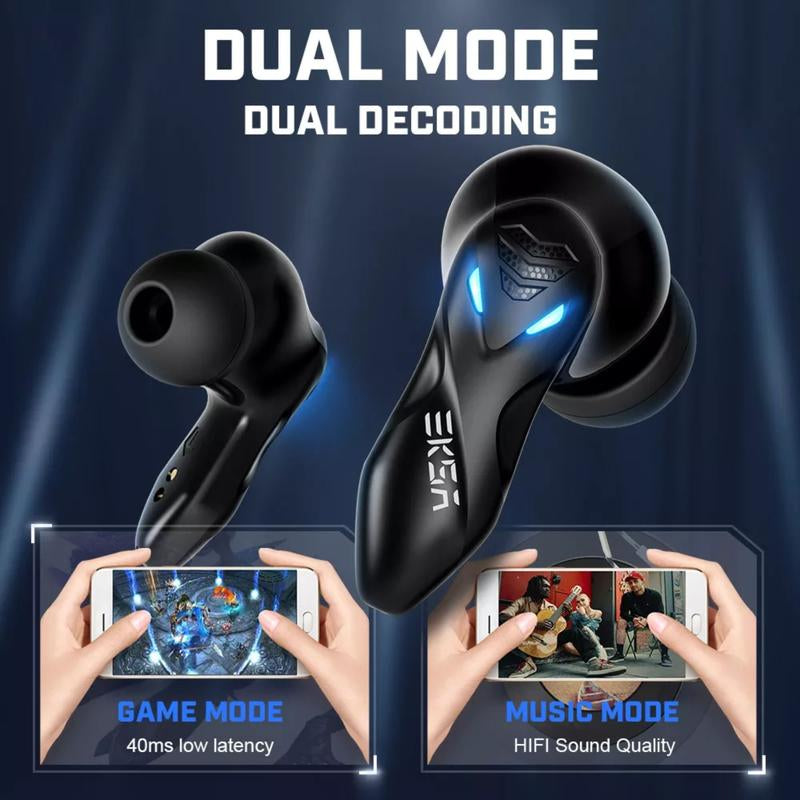 Black wireless earbuds with dual decoding technology on a dark background, showing game and music mode on smartphone screens.