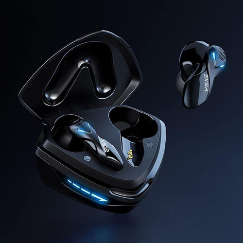 Black wireless earbuds with charging case on a dark background