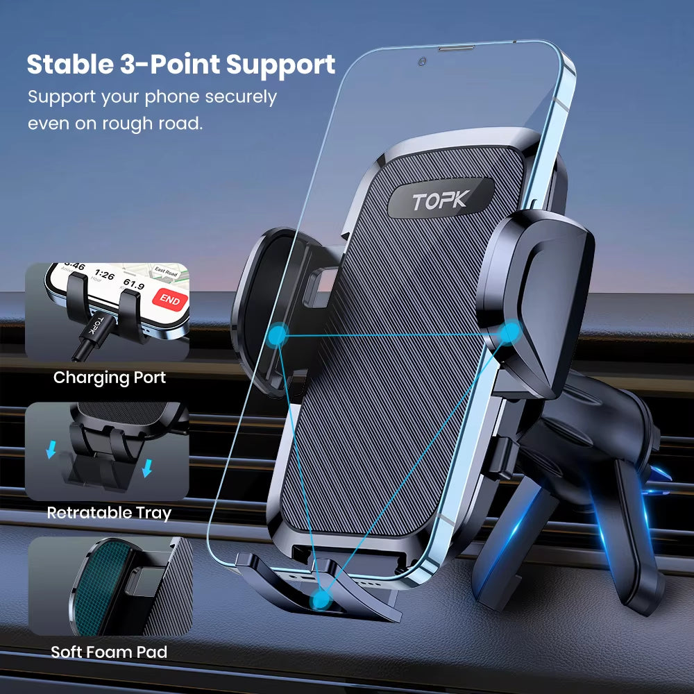 Car phone holder with features highlighted on a blue background