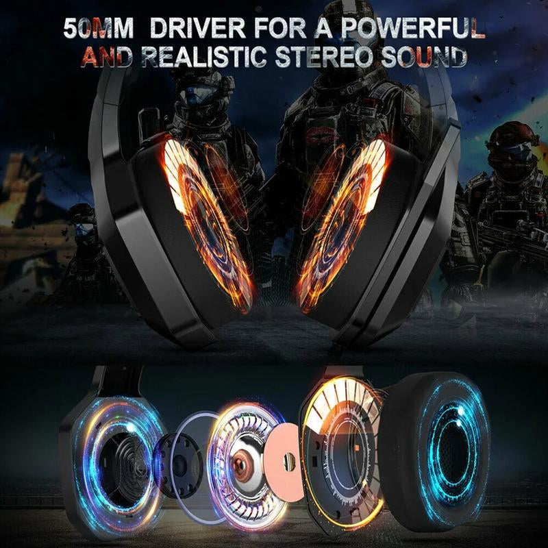 Headphones with colorful LED lights on a dark background