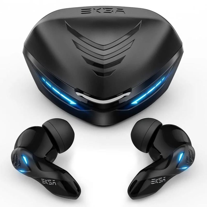 Black wireless earbuds with charging case on a white background