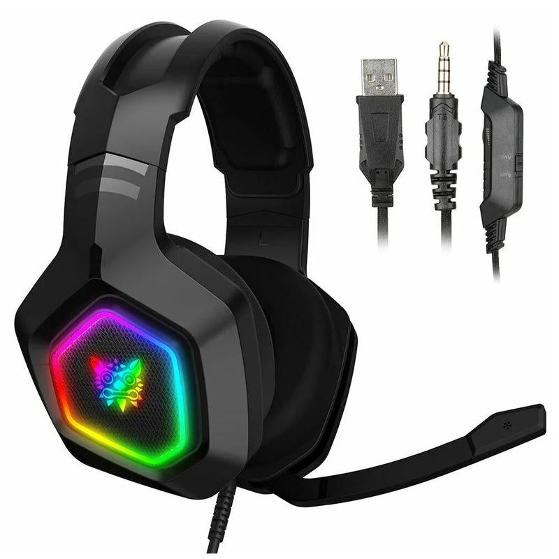 Gaming headset with RGB lighting, USB cable, and 3.5mm jack on a white background