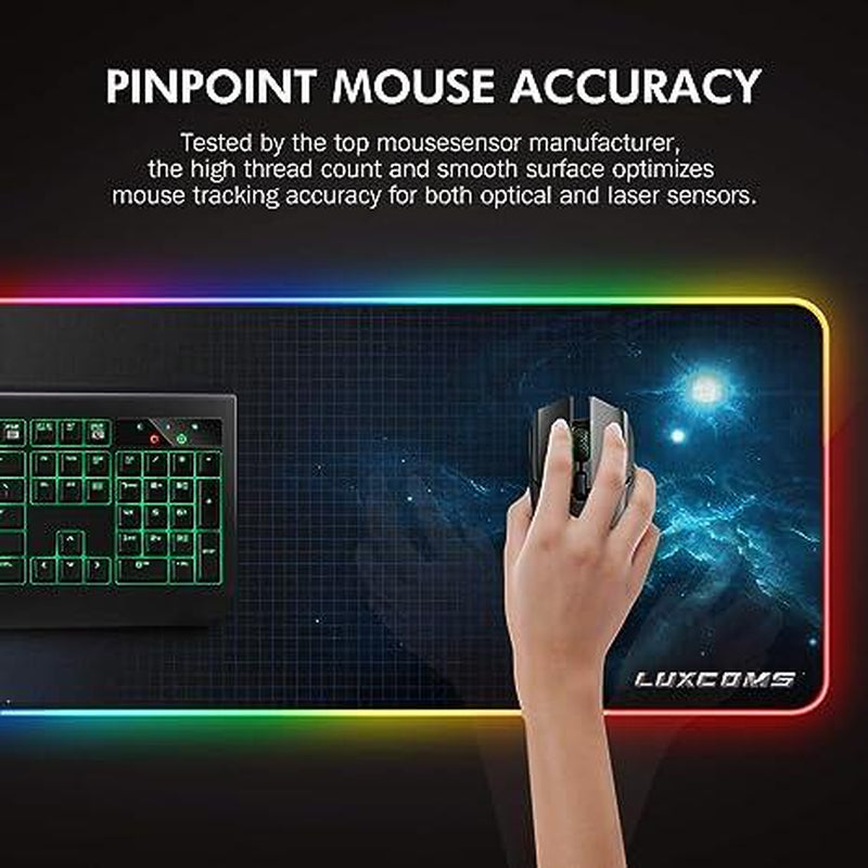 Mouse pad with keyboard and hand using a mouse, highlighting pinpoint mouse accuracy.