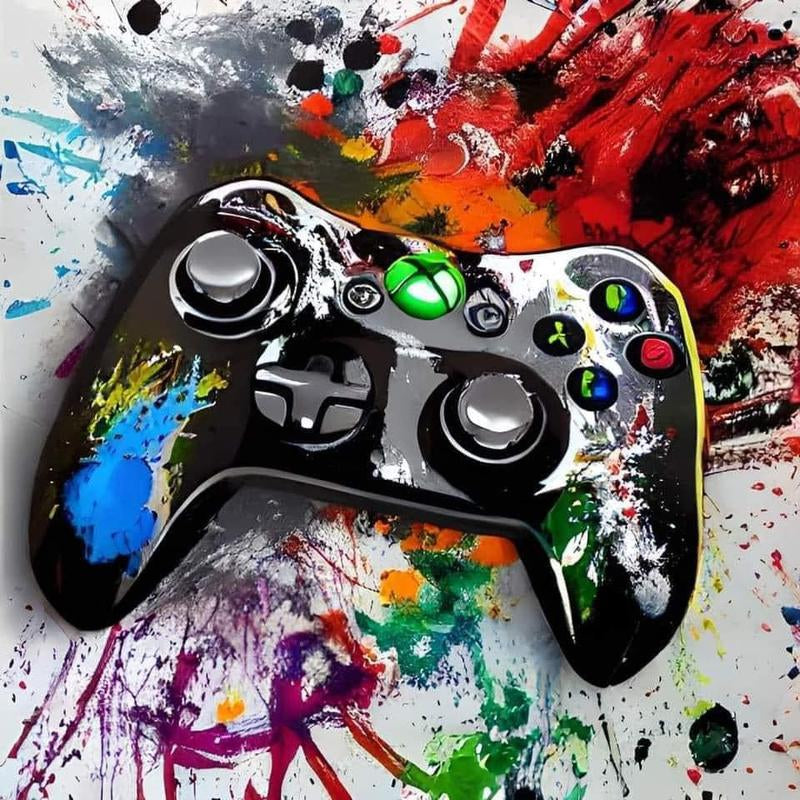 Gaming controller with colorful splatter design on a multicolored background