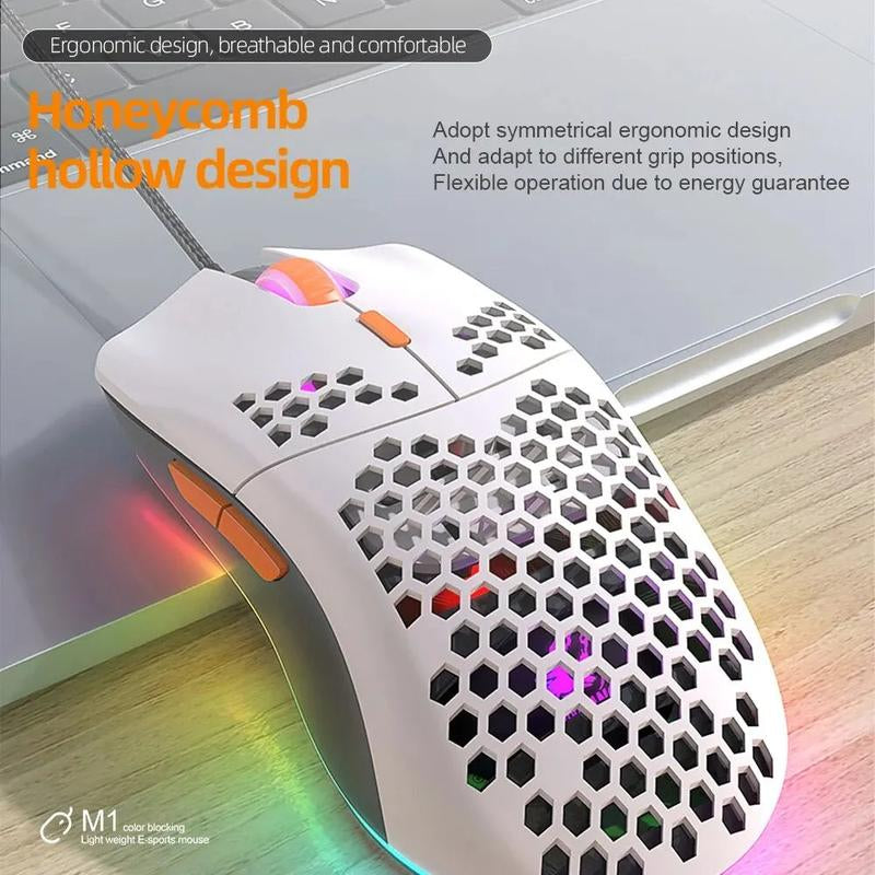 Ergonomic gaming mouse with honeycomb design on a wooden surface