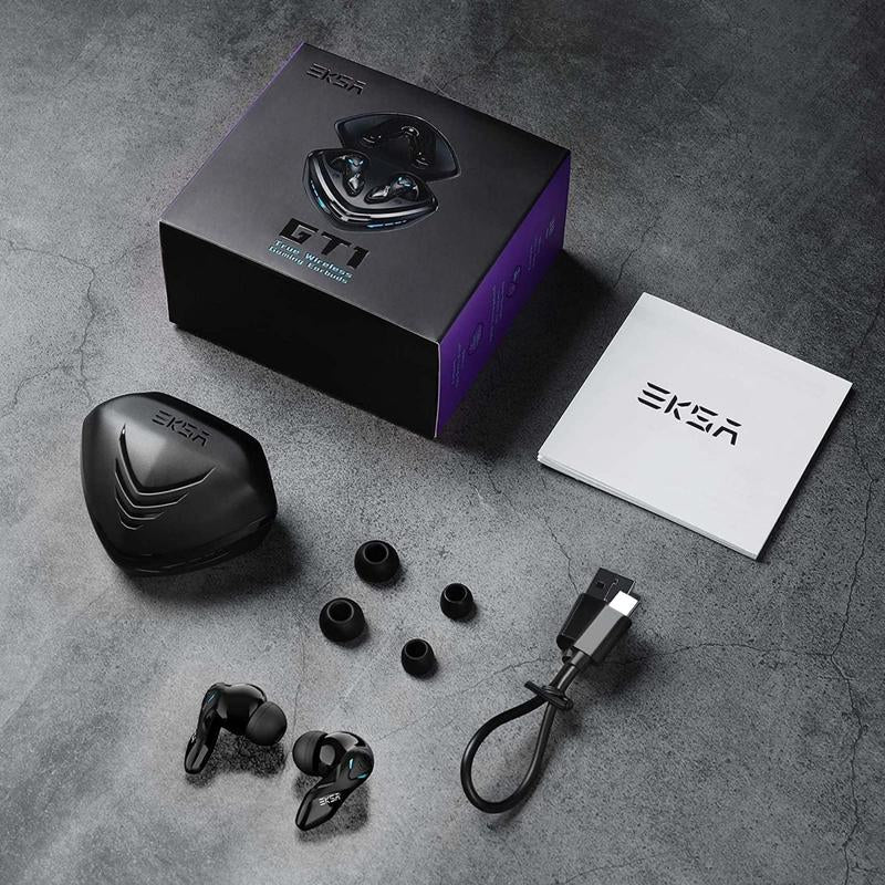 EKSAR GT1 wireless earbuds with packaging and accessories on a gray surface
