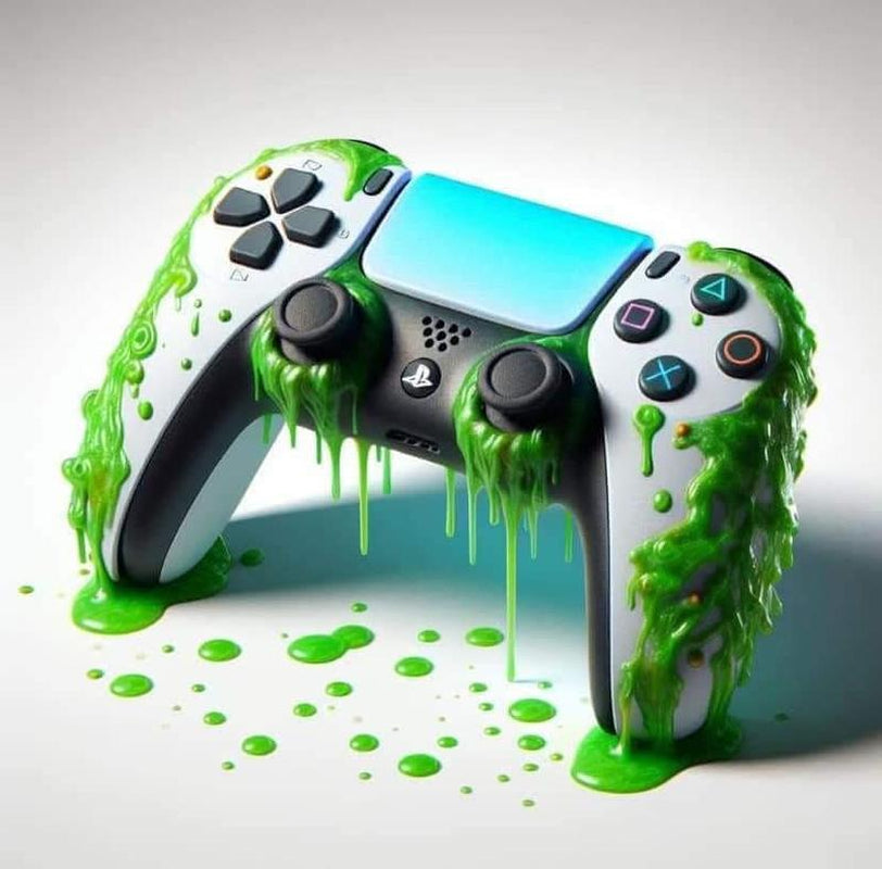 Gaming controller with green slime on a white background
