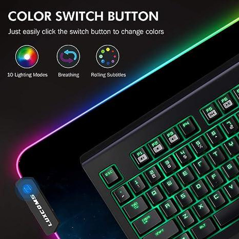 Gaming keyboard with RGB lighting and color switch button on a dark background